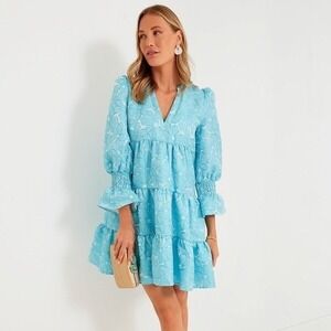 Tuckernuck Pomander Place Blue Daisy Jacquard Kenzo Puff Sleeve Dress Size S